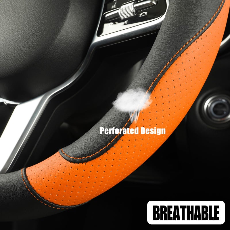 Binsheo Leather Steering Wheel Cover, Breathable, Anti Slip & Odor Free, Black and Orange - Image 3
